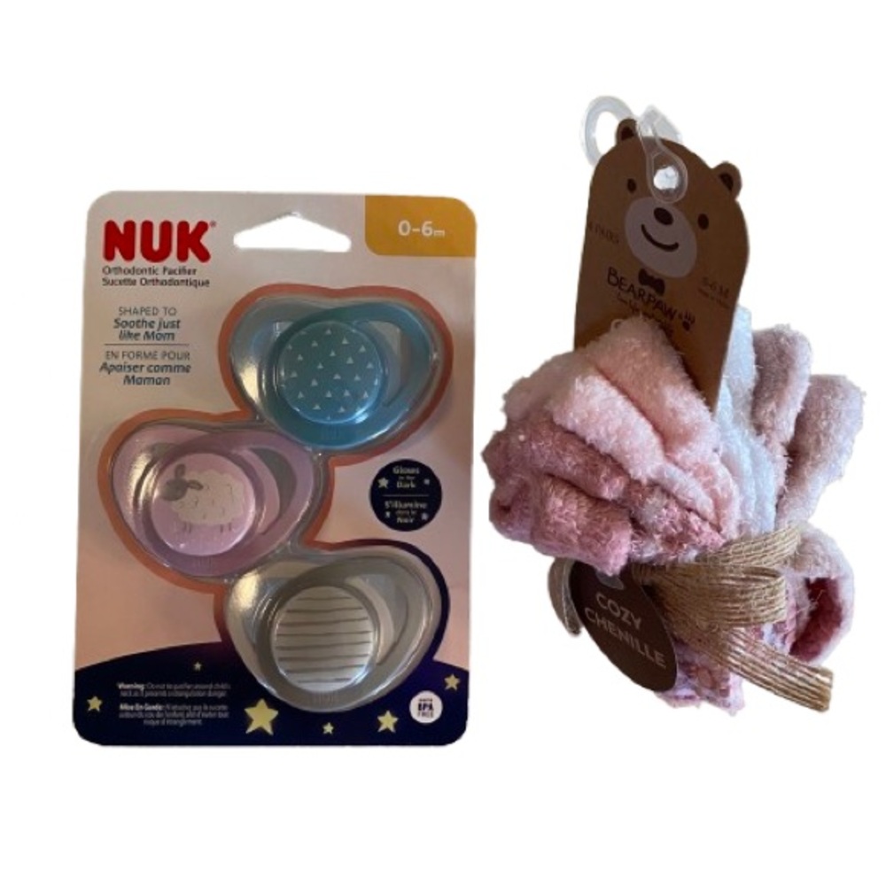 Baby Bundle Size 0-6 months NUK Orthodontic Pacifiers and Bearpaw Chenille Socks